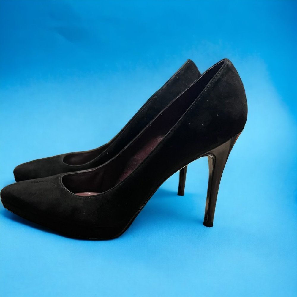 Stuart Weitzman Black Suede Leather Heels Patent 4.5" heels Platform Sz 10